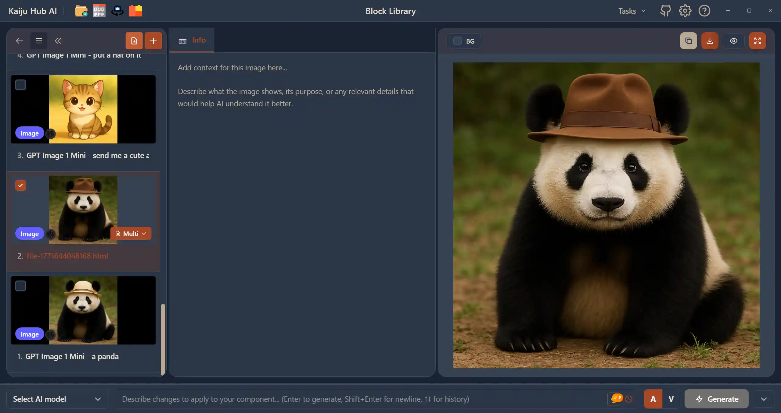Block Library — Kaiju Hub AI development workspace screenshot