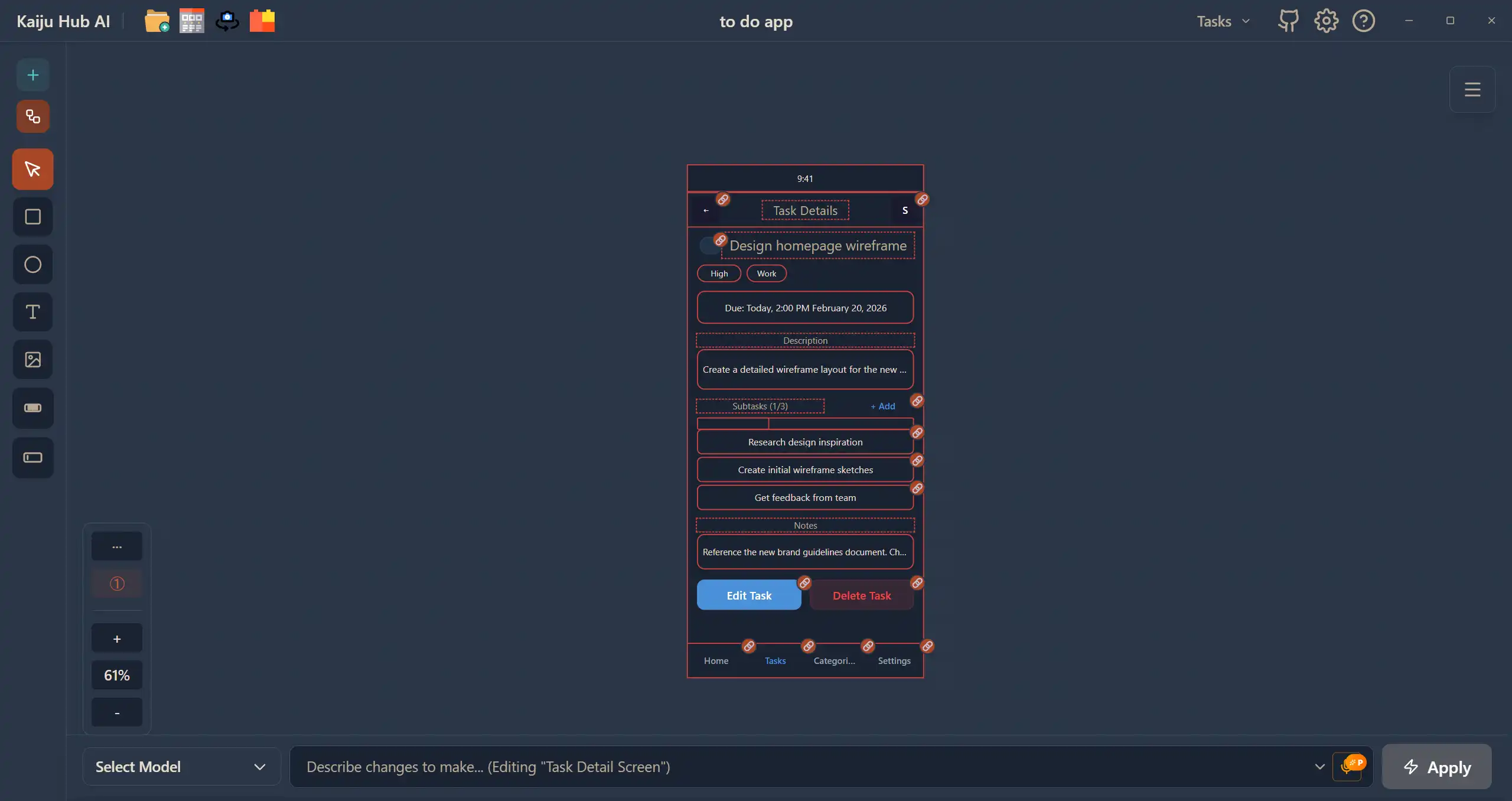 AI-Powered Wireframes — Kaiju Hub AI development workspace screenshot